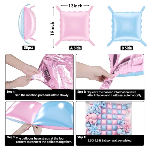 36pcs Pink and Blue Square Foil Balloons Wall Backdrop with 147pcs Balloon Garland Arch Kit, Double Sided Balloons for Princess Birthday Boy or Girl Gender Reveal Baby Shower Party Decorations