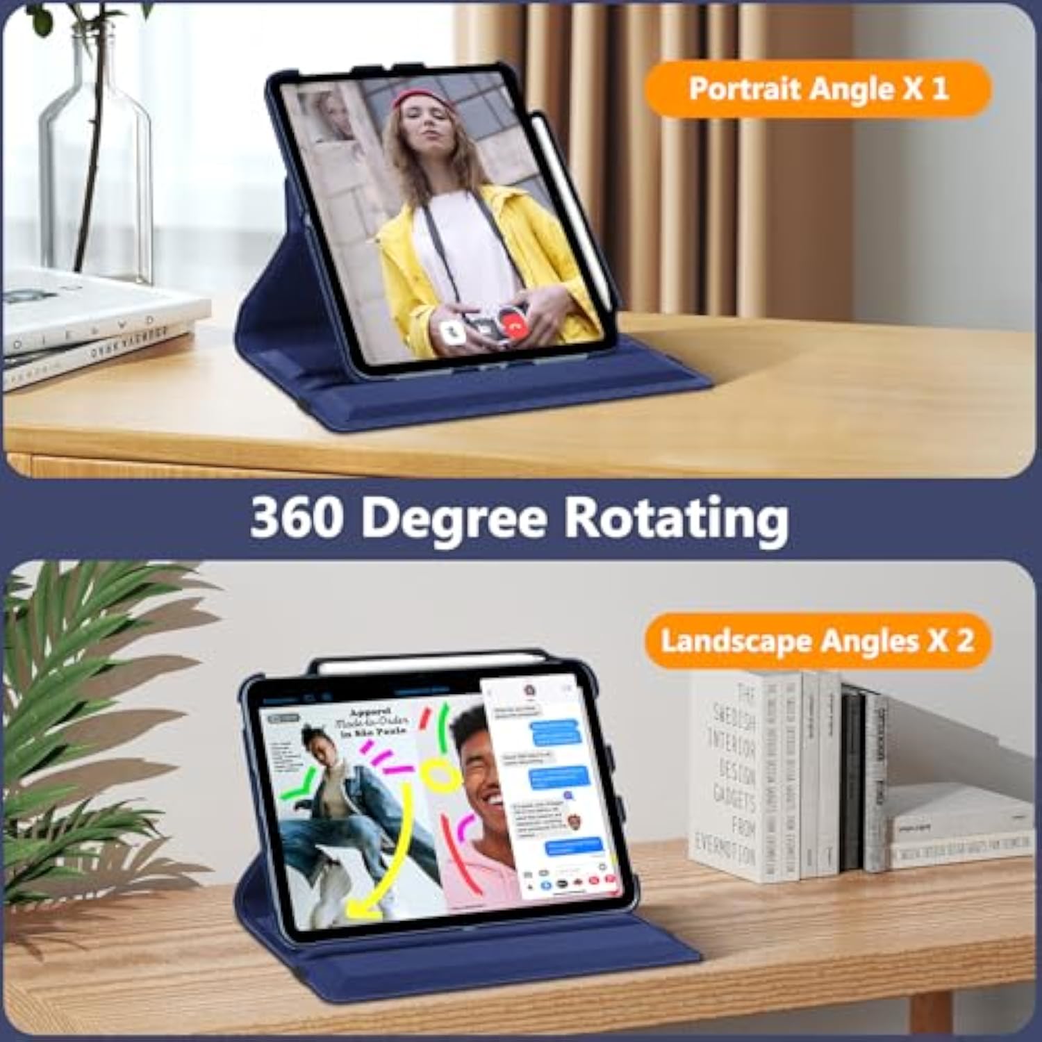 Fintie Rotating Case For (A16) 11Th Generation 11 Inch (2025), 10Th Generation 10.9 Inch (2022) - [Built-In Pencil Holder] 360 Degree Rotating Protective Stand Cover, Navy