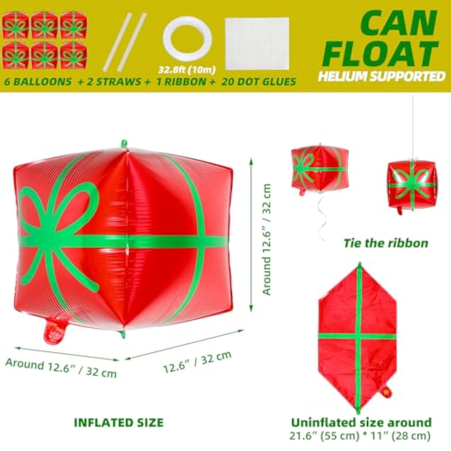 6 Pcs Red Green Present Box Balloons for Christmas, New Year, and Birthday Parties