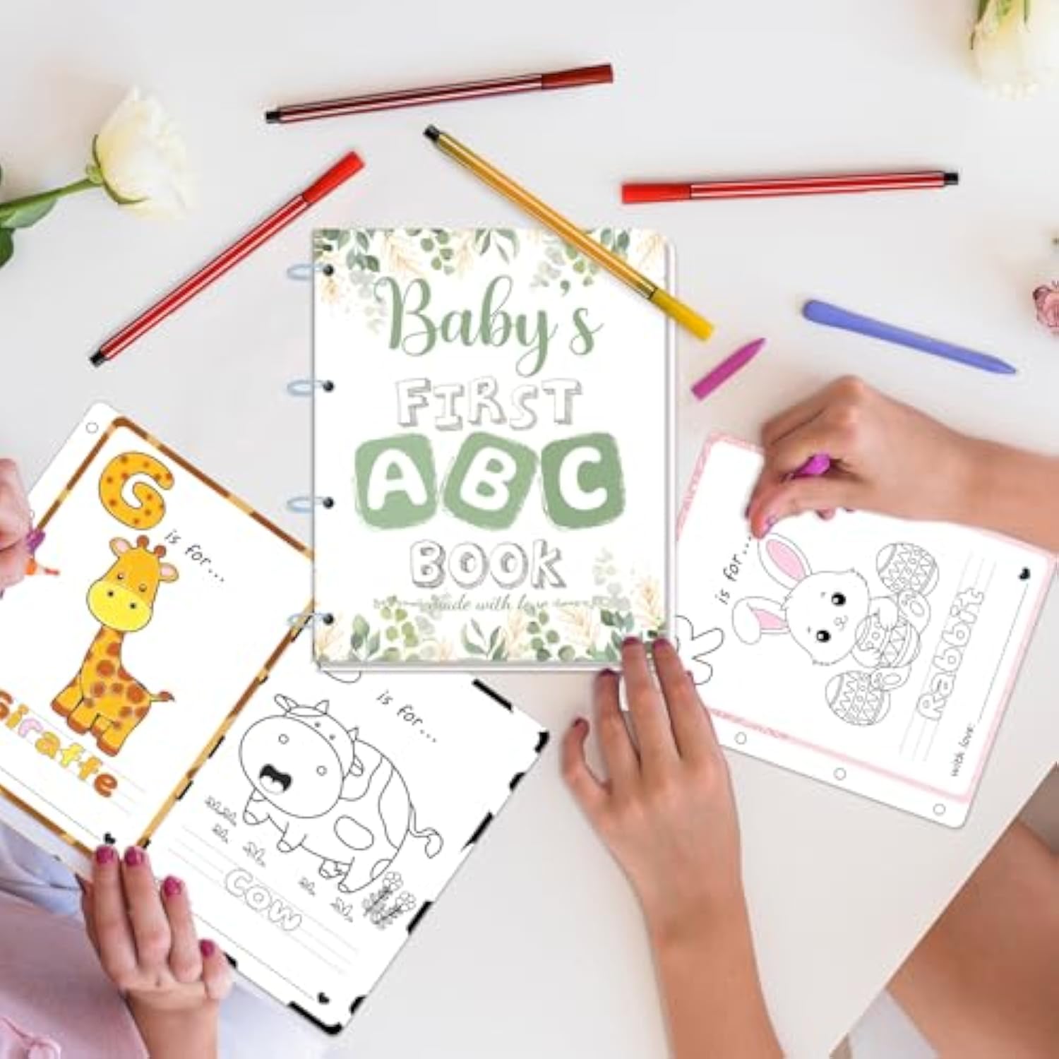 Baby'S First Abc Book & Baby Shower Game – A To Z Coloring Cards With 24 Watercolor Pens, Fun Interactive Activity For Guests, Unique Keepsake Alternative To Guest Book (Sage Theme)