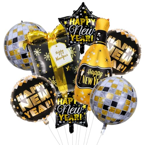 8Piece Happy New Year Balloons Set, Black Gold New Years Eve Party Supplies with 4D Dico Balloons, Gift Box, Stars and Champagne Bottle Foil Balloon for 2026 NYE Party Decorations