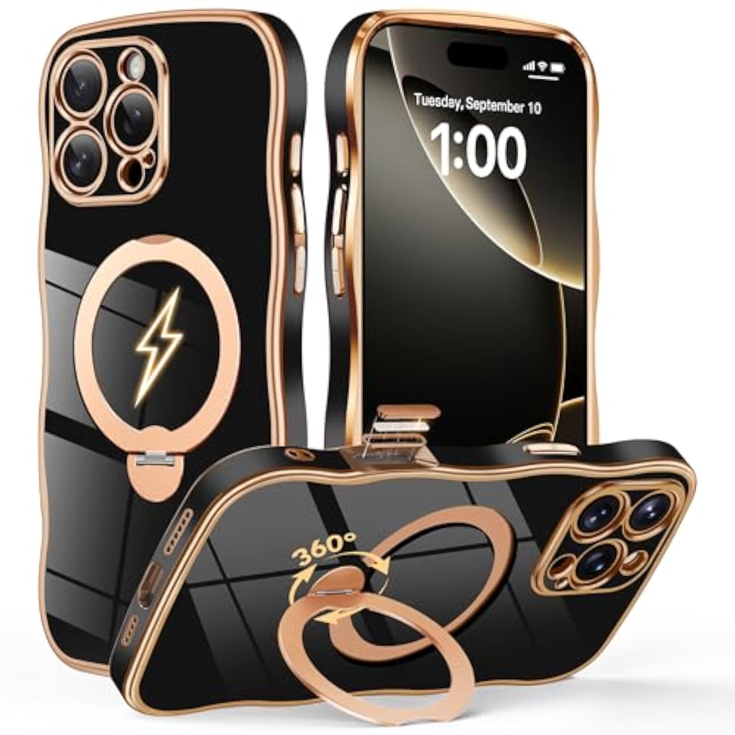 For Iphone 16 Pro Max Case With 360° Spin Magnetic Stand [Compatible With Magsafe][Military Protection][Camera Control Button] Cute Anti-Slip Wave Phone Case For Iphone 16 Promax, Black