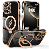 For Iphone 16 Pro Max Case With 360° Spin Magnetic Stand [Compatible With Magsafe][Military Protection][Camera Control Button] Cute Anti-Slip Wave Phone Case For Iphone 16 Promax, Black