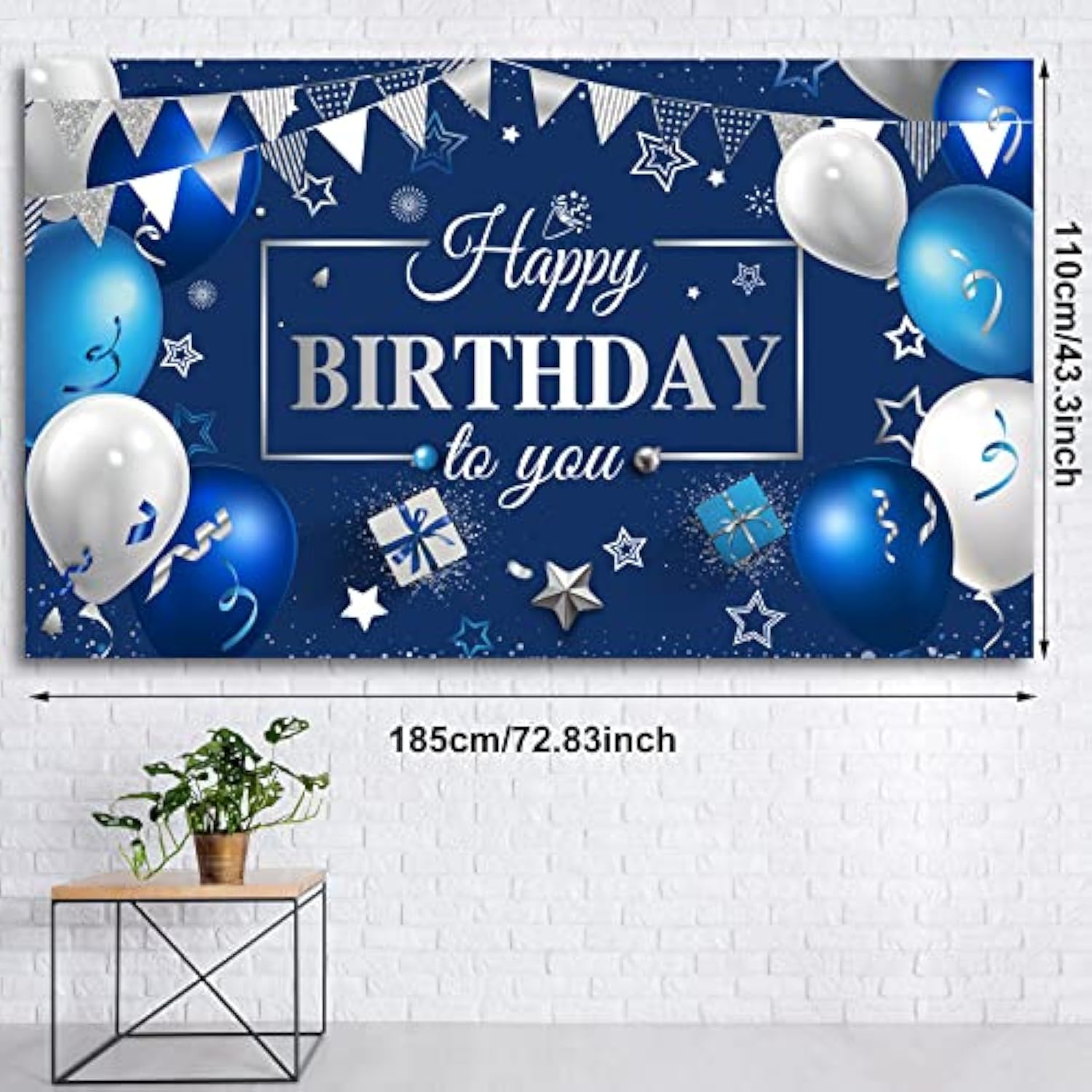 Navy Blue & Silver Happy Birthday Backdrop – 72.8" x 43.3" Banner for Party Decor