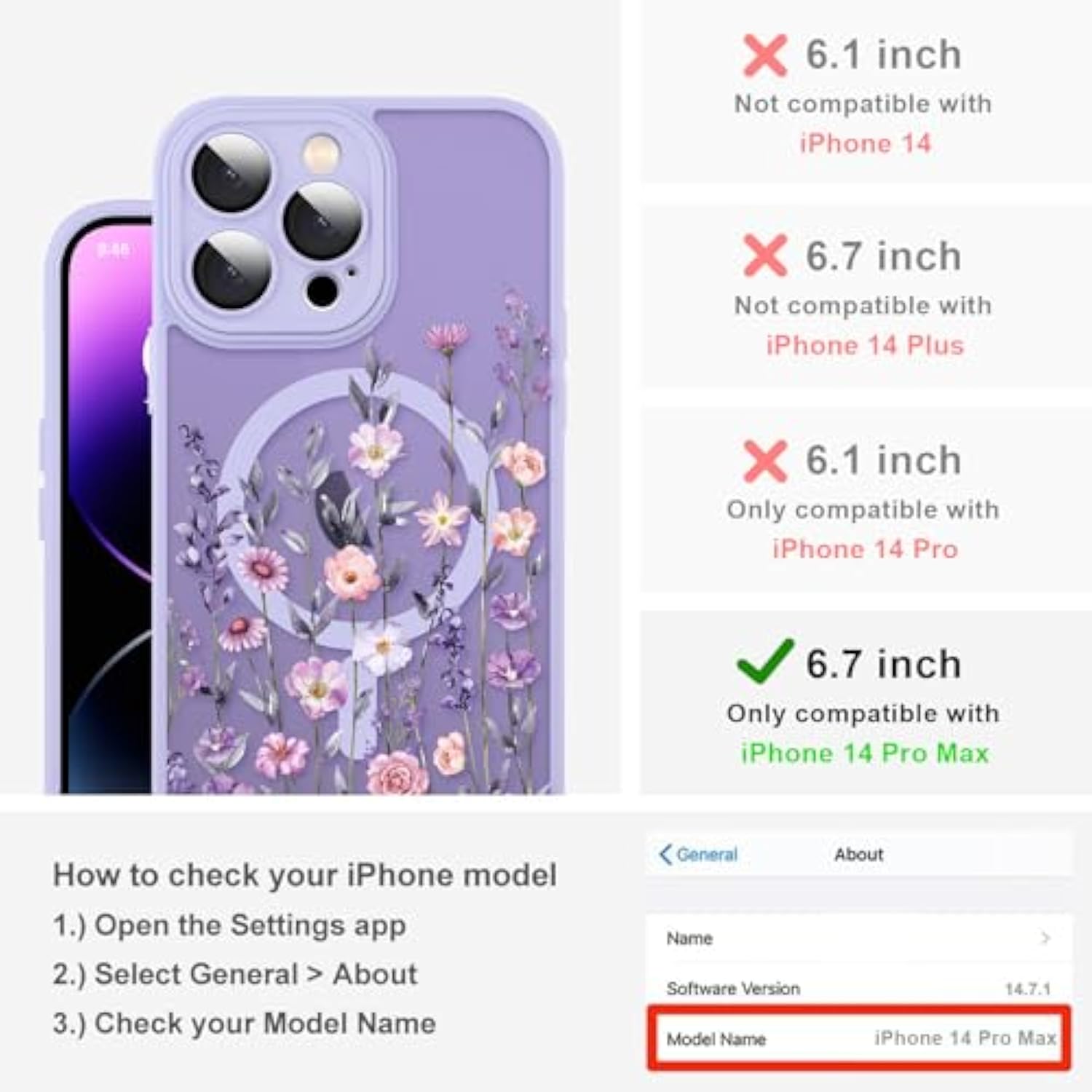 Upgraded Magnetic For Iphone 14 Pro Max Case 6.7" With Screen Protector [Compatible With Magsafe] Pretty Flower Floral Pattern Design, Shockproof Cover For Women Girls, Purple