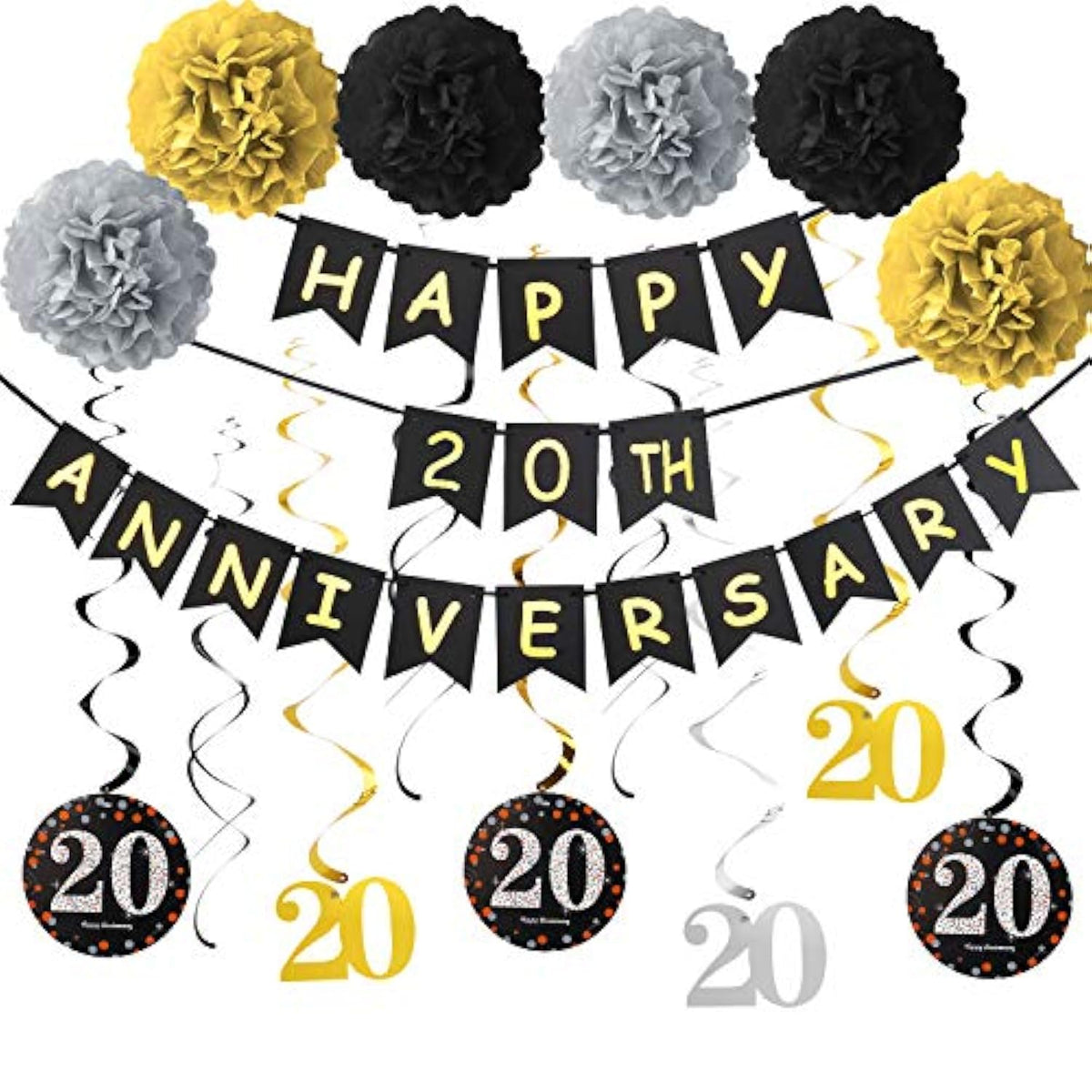 20Th Anniversary Decorations Kit - Including Glitter Banner, Hanging Swirls, Poms - Wedding Party Decorations