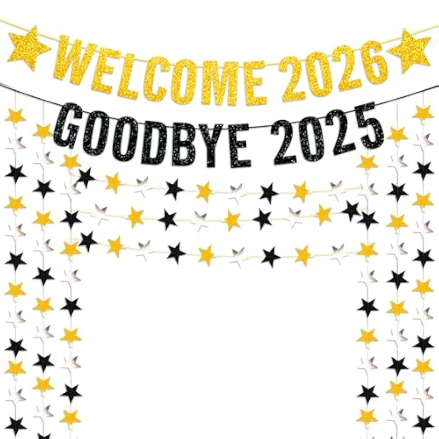 Black Gold Glitter New Year Banner 20ft Star Garland Goodbye 2025 Welcome 2026