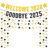 Black Gold Glitter New Year Banner 20ft Star Garland Goodbye 2025 Welcome 2026