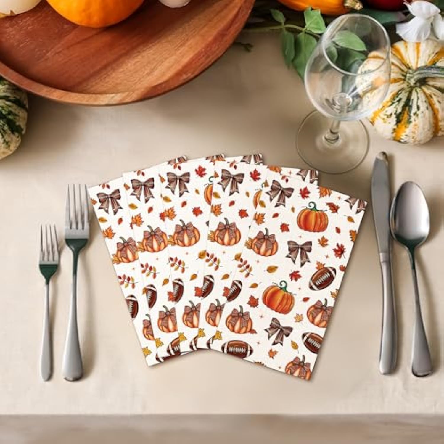 Fall Football Pumpkin Napkin - 100 Pcs Maple Leaves Pumpkin Rugby Decorative Cocktail Napkins Set, Autumn Sports Game Day Disposable Paper Hand Towels, Thanksgiving Party Decorations Supplies