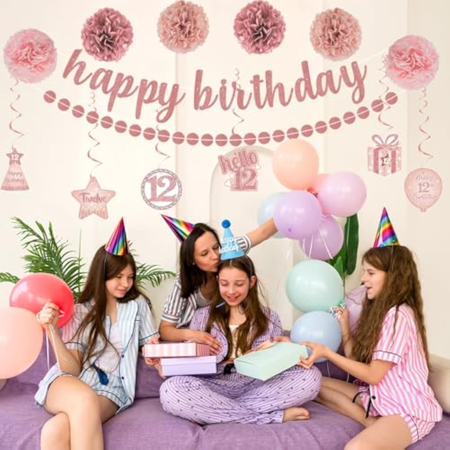 Rose Gold 12th Birthday Decoration Kit: Banner, Pom Poms, Cake Topper