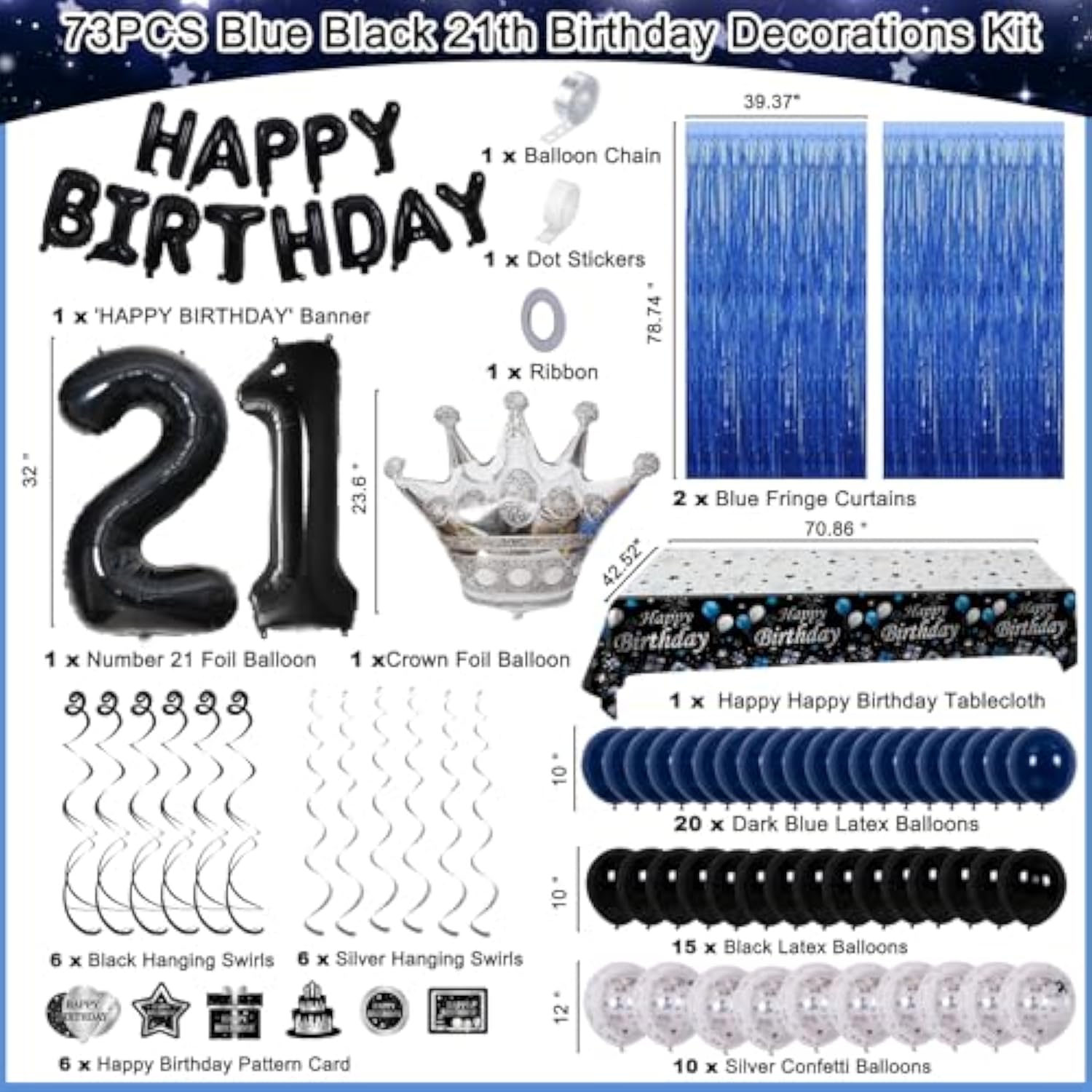73pcs Blue Black 21st Birthday Decor Set with Balloons, Banner & Tablecloth