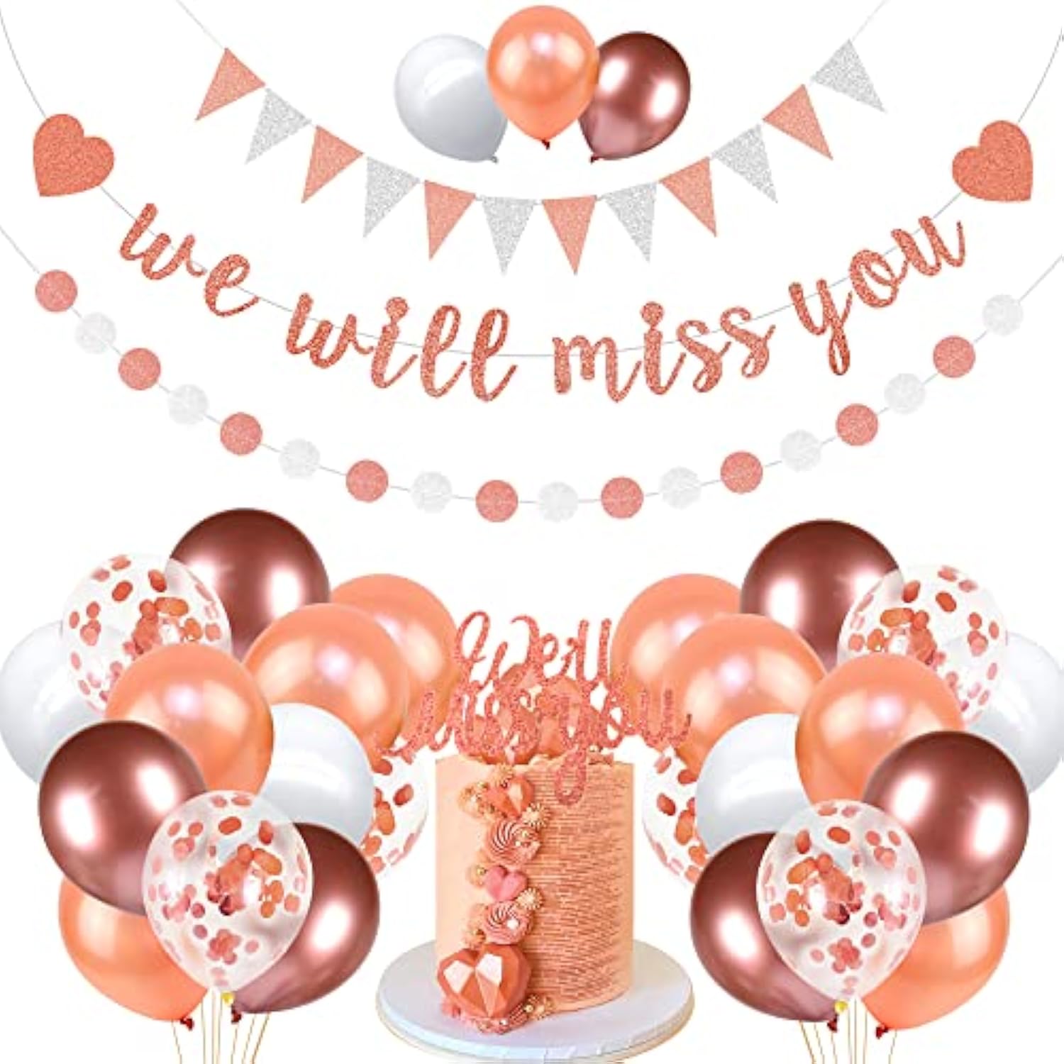 We Will Miss You Banner Rose Gold Farewell Party Decorations with Glitter Garland