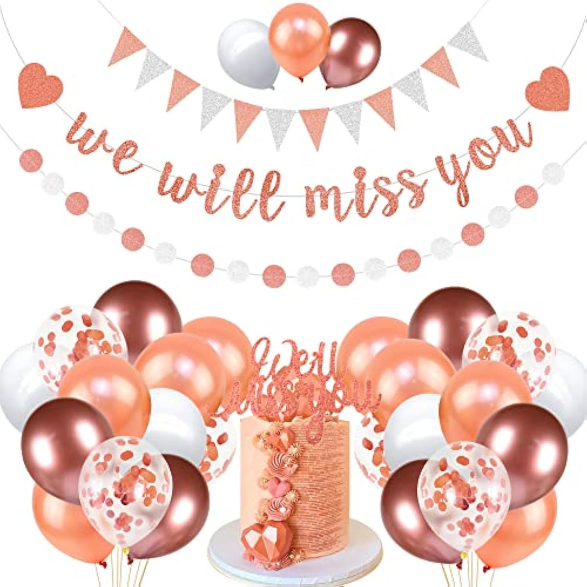 We Will Miss You Banner Rose Gold Farewell Party Decorations with Glitter Garland
