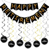 Black and Gold Retirement Party Decorations Kit Banner & Hanging Swirls for Men and Women