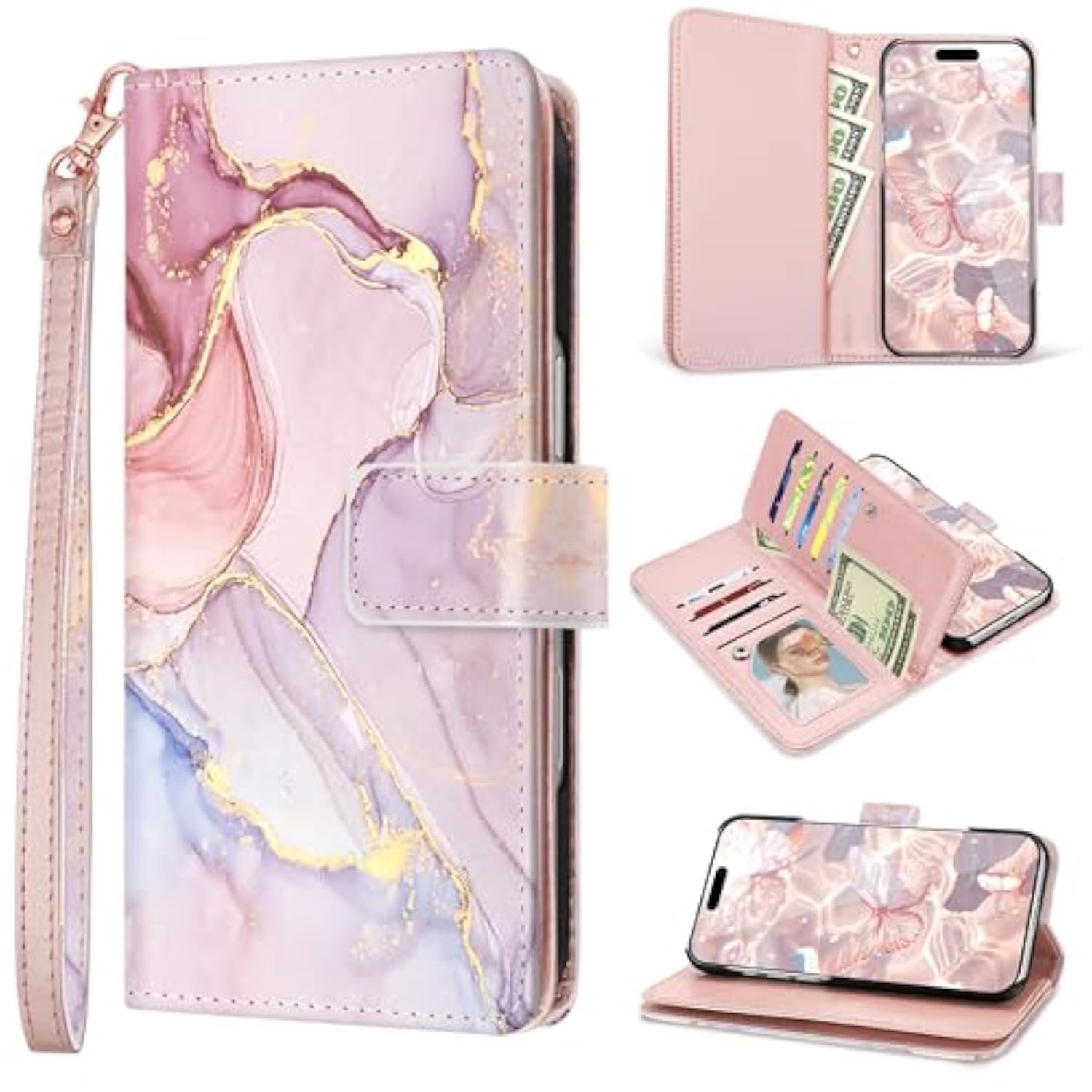 iPhone 16 Wallet Case, Marble Rose Gold PU Leather, 9 Card Slots, Shockproof