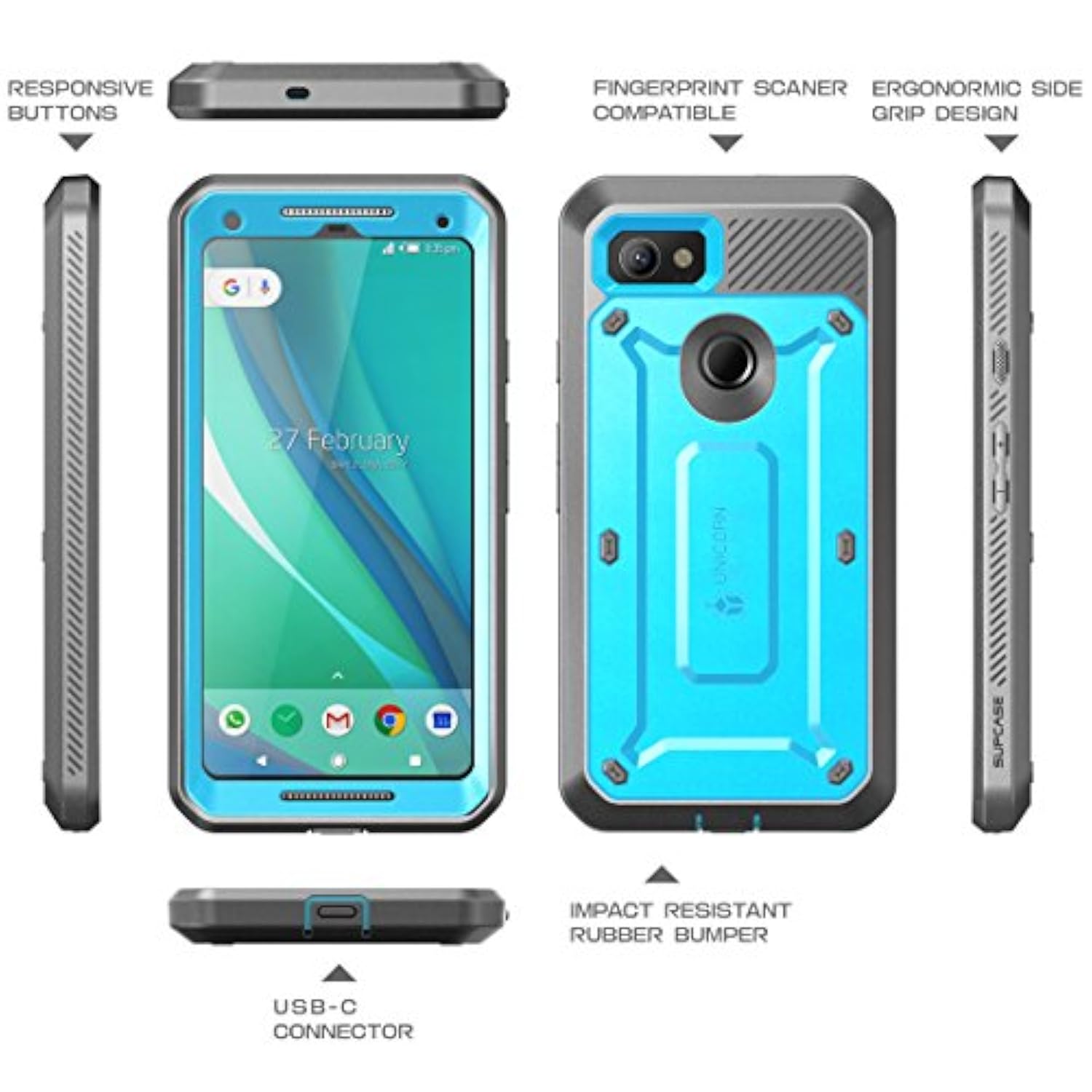 SUPCASE Unicorn Beetle Pro Series Designed for Google Pixel 3a Case, Full-Body Rugged Case with Built-in Screen Protector for Google Pixel 3a 2019 Release (Blue)