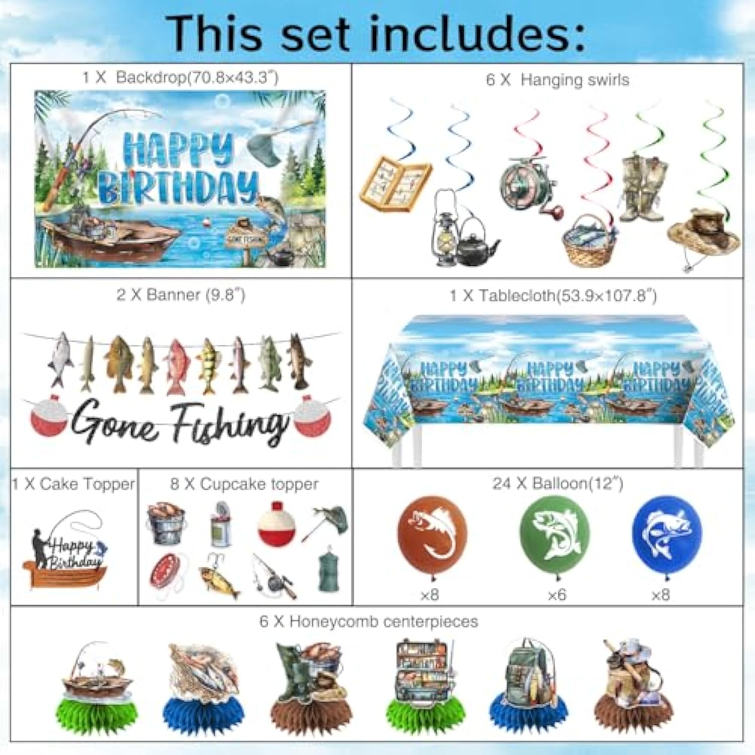 Fishing Birthday Party Decorations, 55 Pack Ofishally One Birthday Decorations, Gone Fishing Party Decorations Includes Backdrop, Tablecloth, Banner, Balloons, Centerpieces, Cupcake Toppers