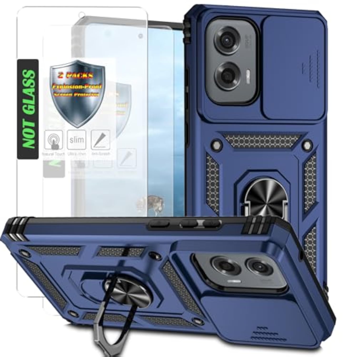 Moto G Stylus 5G 2024 Case with 2 Pcs Explosion-Proof Film, Slide Camera Cover Protective Case with Magnetic Ring Kickstand - Blue