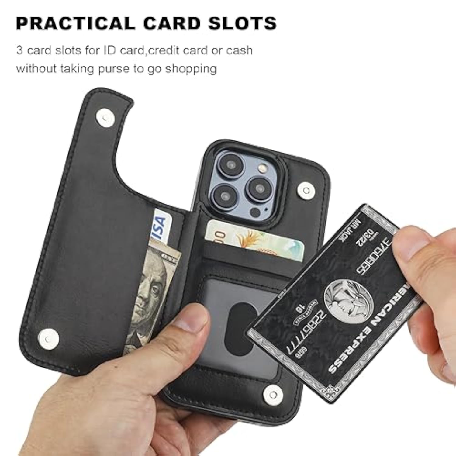 iPhone 15 Pro Wallet Case with Credit Card Holder, Black