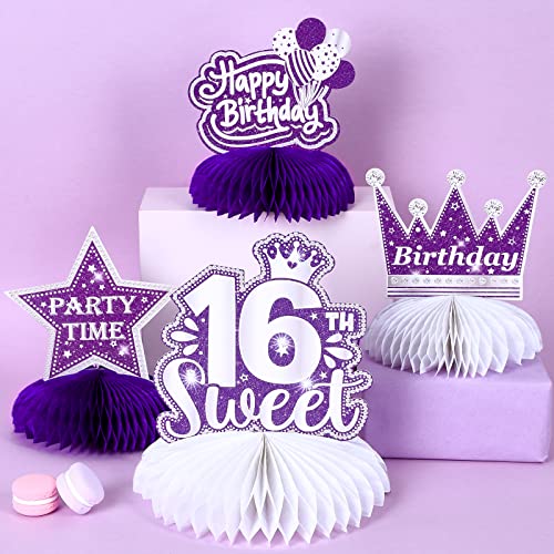 16th Birthday Decorations, 8 PCS 16th Birthday Honeycomb Centerpieces Purple Silver, Happy 16 Birthday Table Centerpiece Table Toppers for Girls Sixteen Years Old Party Table Decorations
