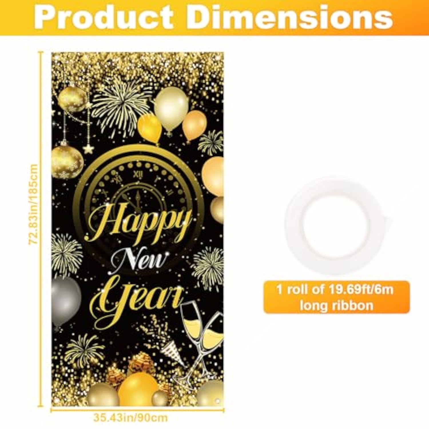 Happy New Year Door Cover 72x35 Inch Black Gold Balloon Firework Banner