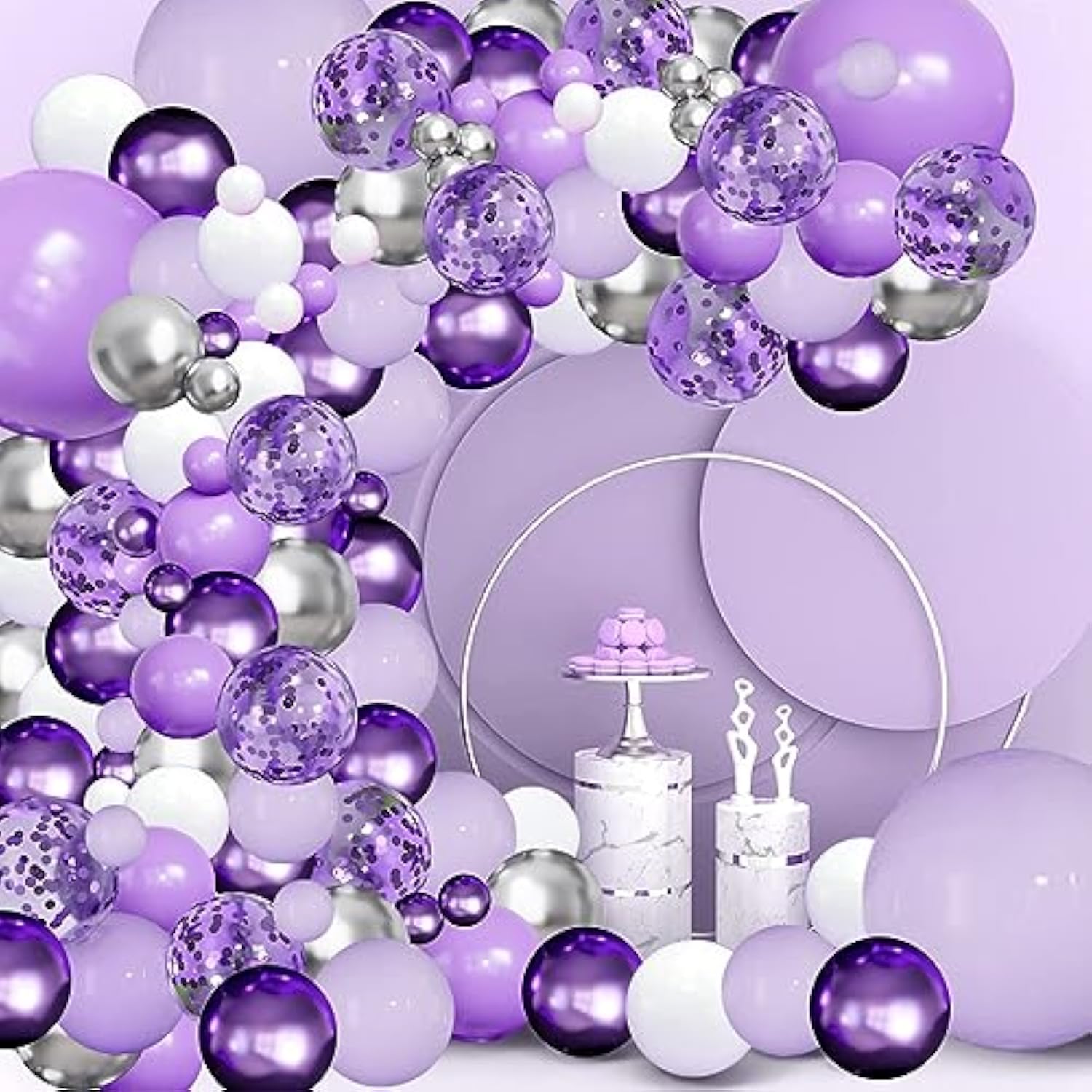 Purple Balloons Garland Arch Kit,144Pcs Lavender Purple Pastel Purple Confetti Balloons With Silver White Ballons For Girl Butterfly Baby Shower Princess Birthday Wedding Party Decoration………