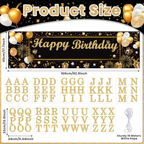 Personalized Birthday Banner Happy Birthday Party Decoration Custom DIY Black Gold Birthday Party Backdrop with Name Alphabet Letter Sticker Happy Birthday Sign Party Supplies for Men Women