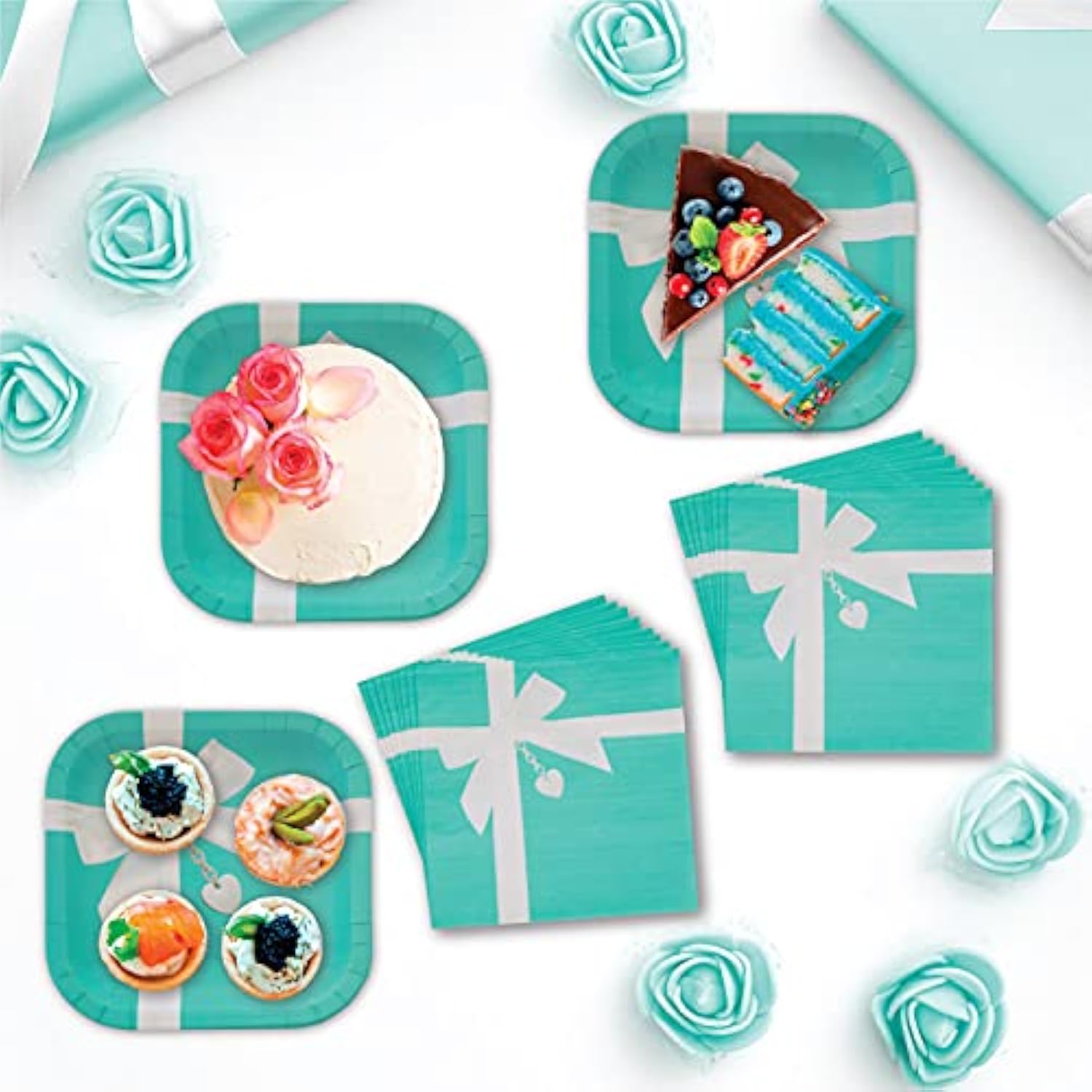 Iconic Turquoise & Sweetheart Locket Tableware for 16 Guests! This Picturesque set includes 16 ea. Large Plates & Luncheon Napkins. by Havercamp