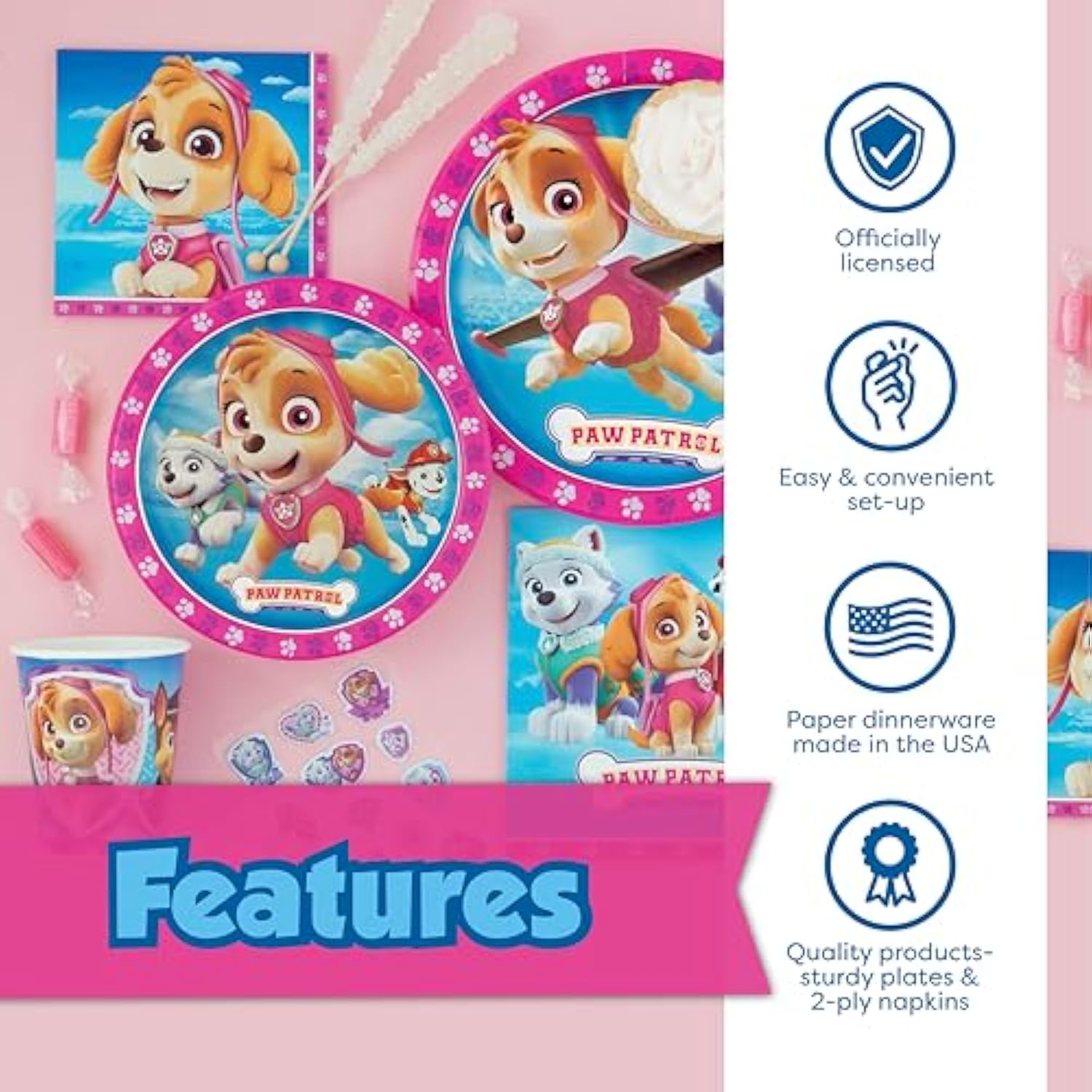 Pink Skye Paw Patrol Party Supplies and Decorations for Girls Birthday Party, Features Skye and Everest, Serves 16 Guests, Includes Tableware and Decor with Table Cover, Banner, Plates, Napkins & More