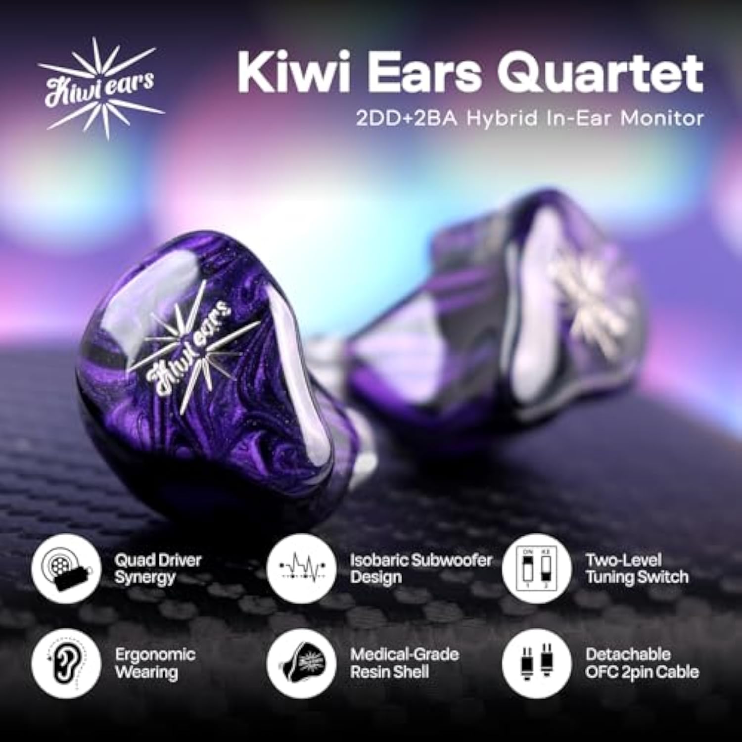 Kiwi Ears Quartet 2Dd+2Ba Hybrid In-Ear Monitor, Hifi Earphones With Hand-Crafted Resin Shell, Detachable Ofc Silver-Plated Iem Cable For Audiophile Musician Dj Studio Gaming (Purple, Quartet)