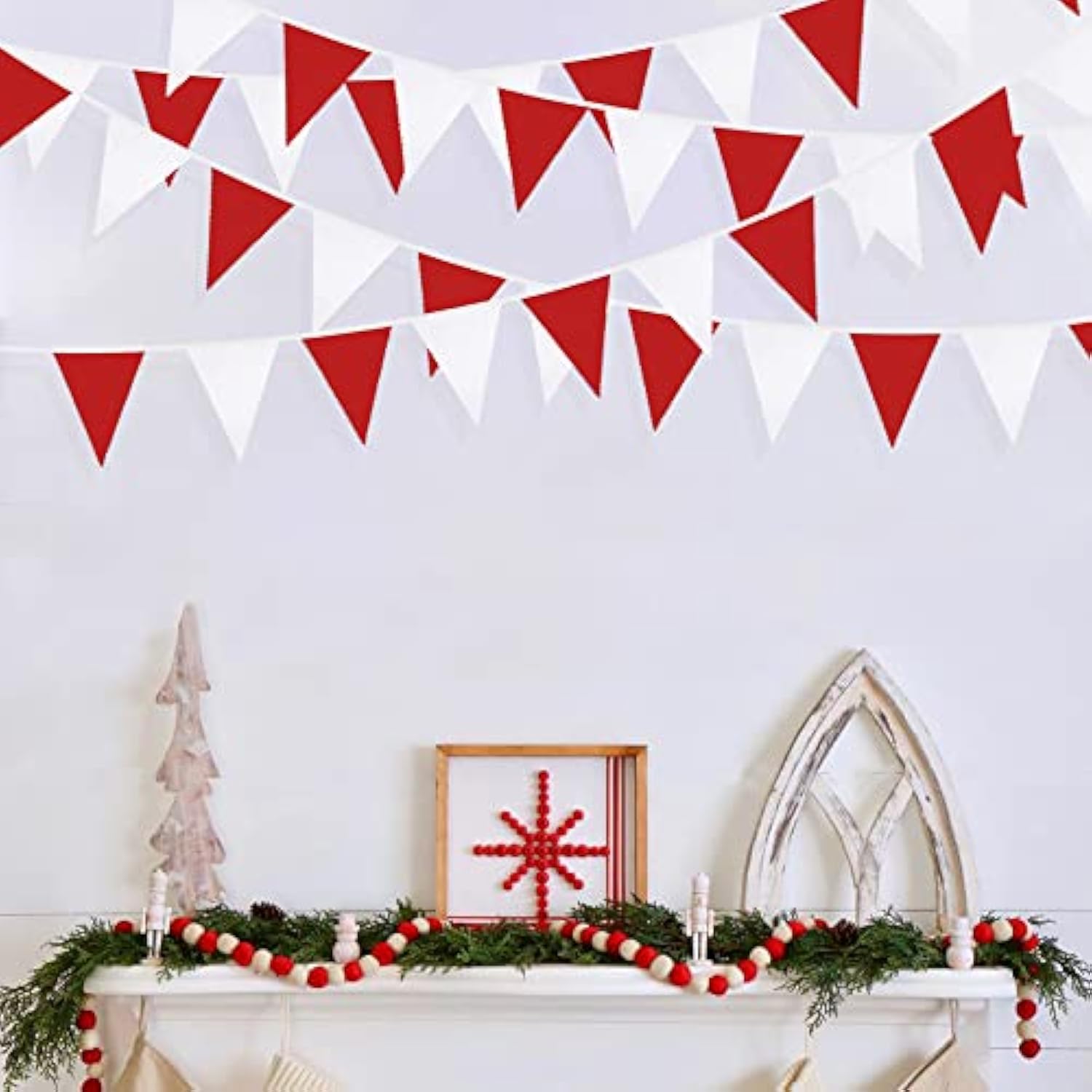 32Ft Red White Pennant Banner Fabric Triangle Flag Bunting Garland Streamers For Wedding Engagement Bridal Shower Anniversary Bachelorette Birthday Party Home Outdoor Garden Hanging Decoration