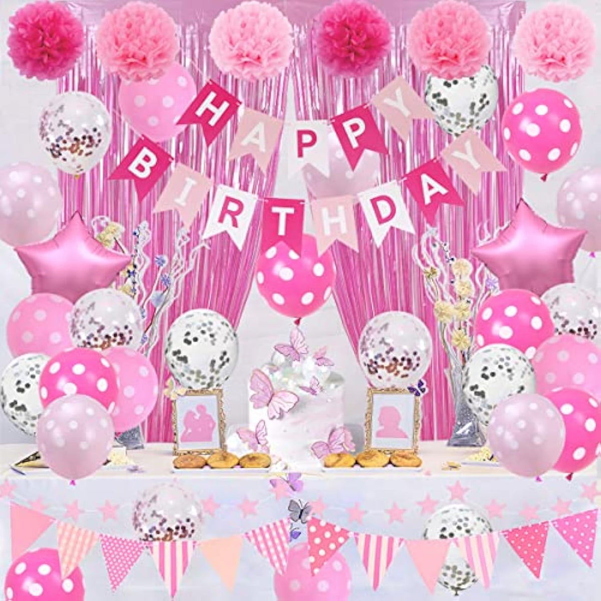 Pink Birthday Party Decorations, Light Pink And White Decor With Happy Birthday Banner, Tissue Pom Pom Flowers, Hot Pink And White Balloons, Pink Foil Curtain, Bday Party Supplies For Women