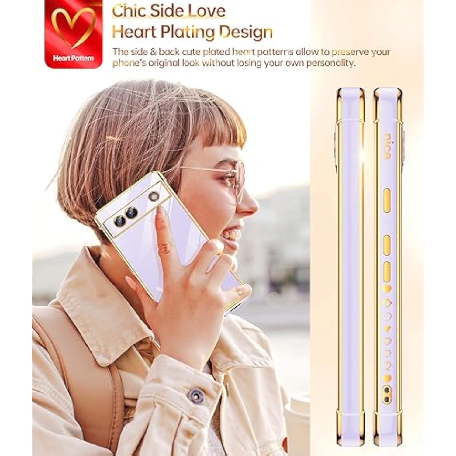 For Google Pixel 7A Phone Case: With Tempered Glass Screen Protector [2 Pcs]+ Full Camera Lens Protection,Love Heart Plating Girly Women Cute Soft Tpu Shockproof Case For Google Pixel 7A,Purple