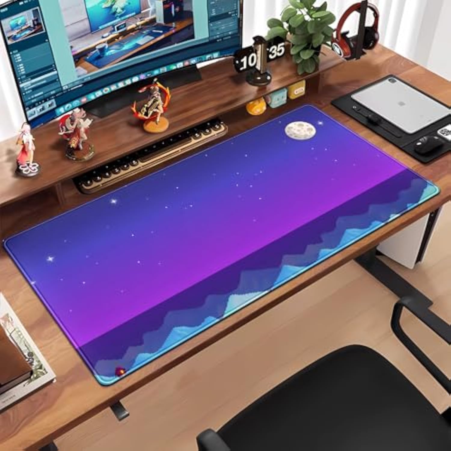 Purple Large Gaming Mouse Pad Extended Kawaii Cute Desk Mat Pad Anime Mousepad Xxl Stardew Valley Night Keyboard Pad Pixel Art Computer Laptop Mouse Mat Office Desktop Decor Pad 31.5X15.7 In