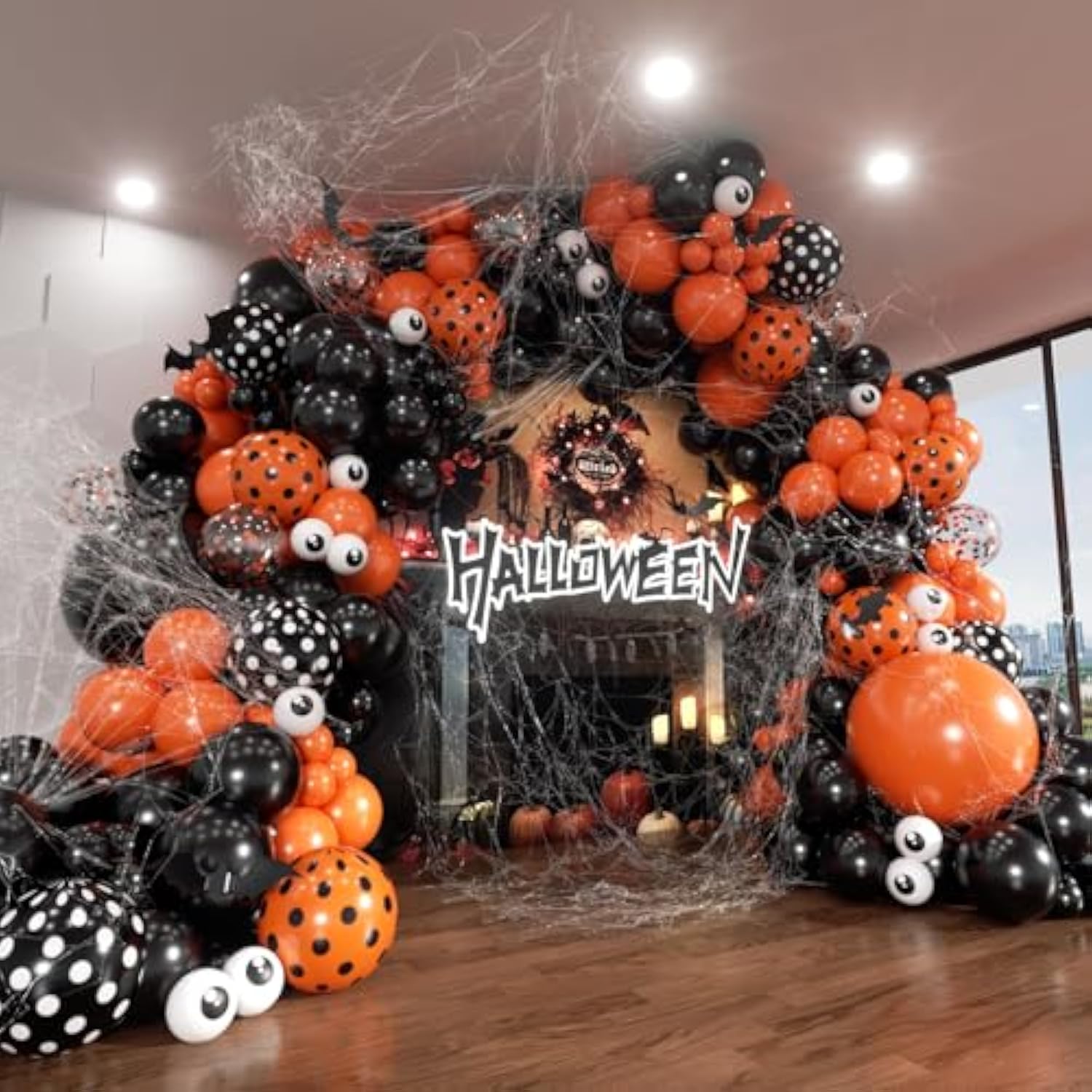 144Pc Halloween Balloon Arch Kit – Black & Orange with Eye and Confetti Balloons