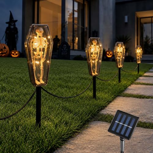 4 Pack Solar Halloween Skeleton Coffin Lights Outdoor Pathway Decorations