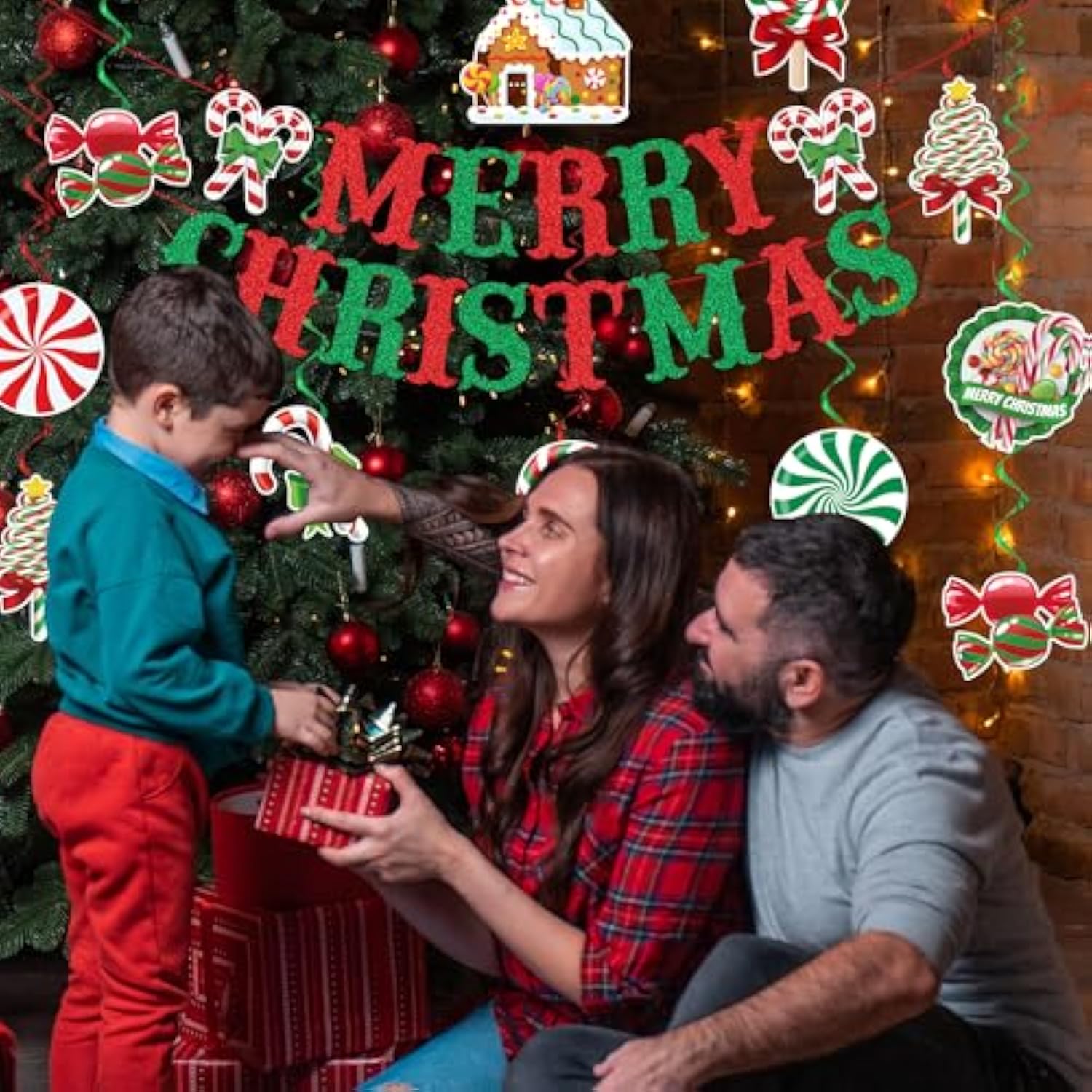 Merry Christmas Candy Banner, Peppermint Decorations Include Candy Banner And Hanging Swirls, Christmas Party Supplies Decorations