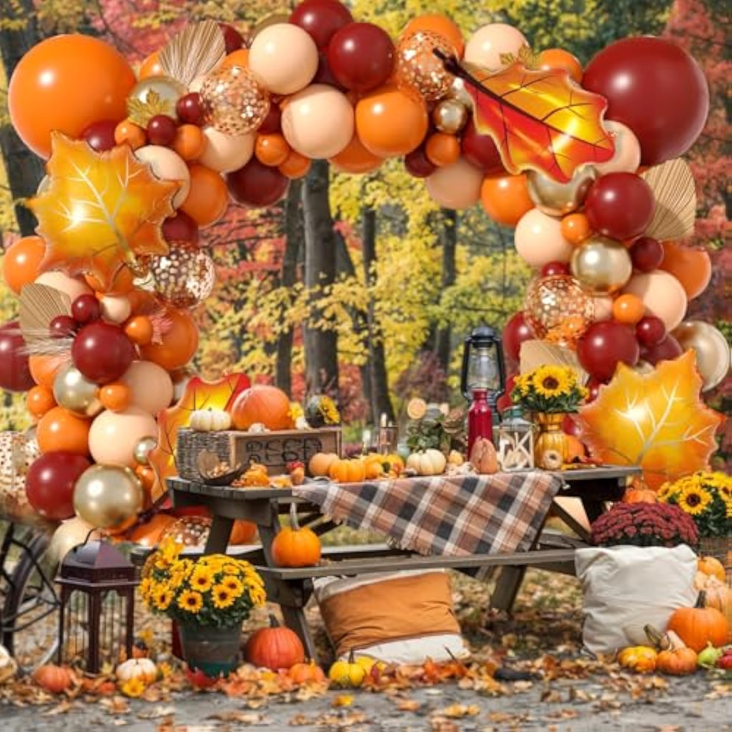 Orange Balloon Arch Kit with Leaf Foil Balloons Burgundy Burnt Orange for Autumn Party