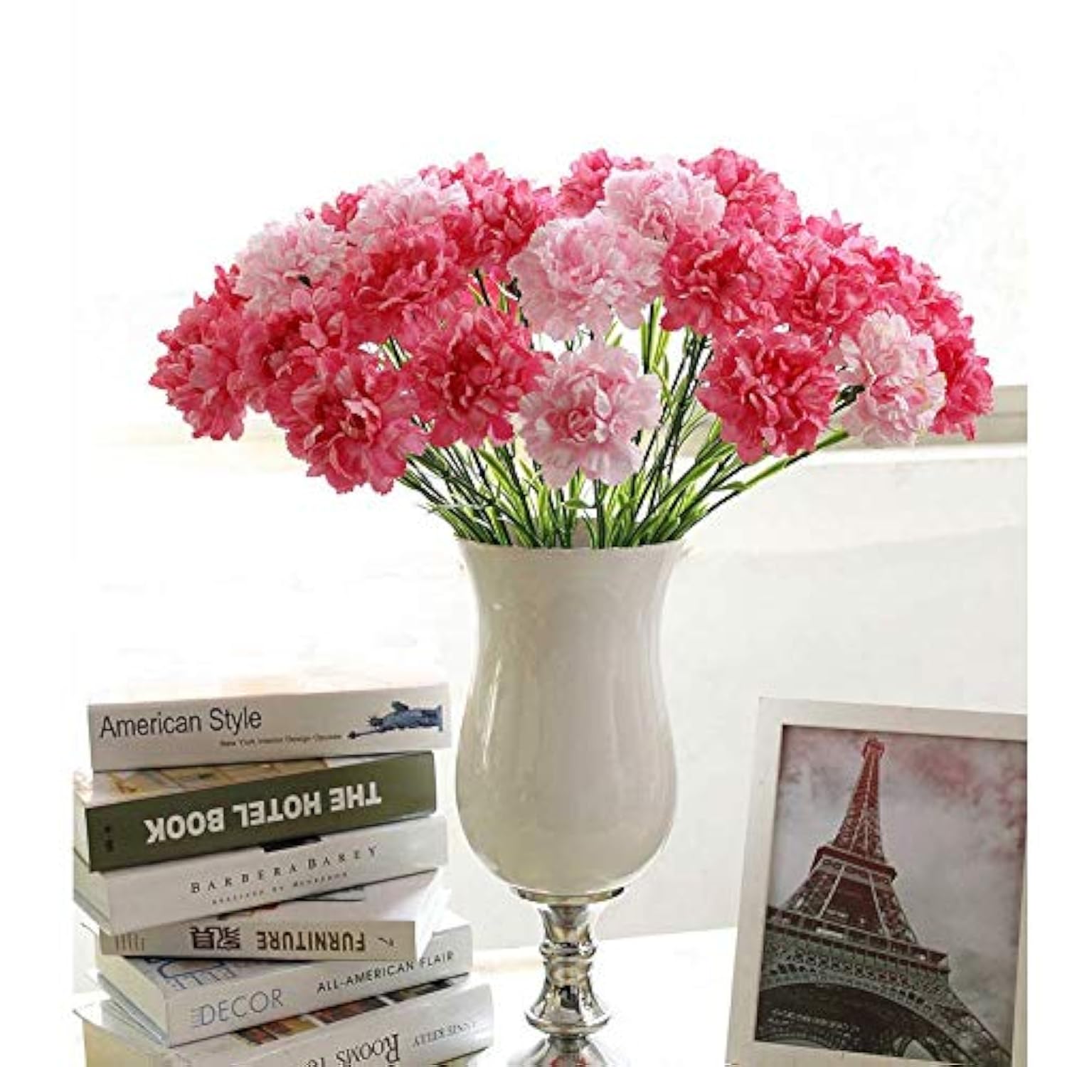 10 Bunches Bouquet Of Pink Artificial Silk Flower Carnations,Single Flower Head 20 Inch Bouquet And Green Leaf For Home Party,Home Decoration Bridal Wedding Holding Flowers Decor