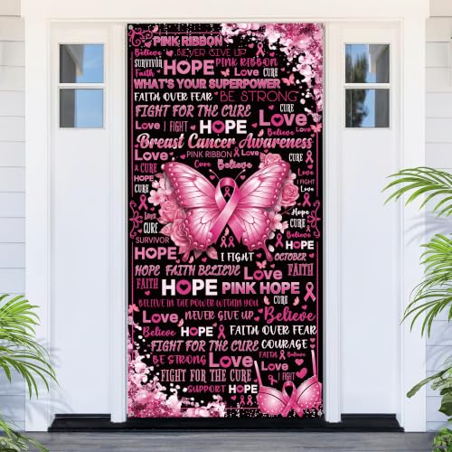 Breast Cancer Awareness Door Banner Butterfly Black Pink Ribbon Hope Decor