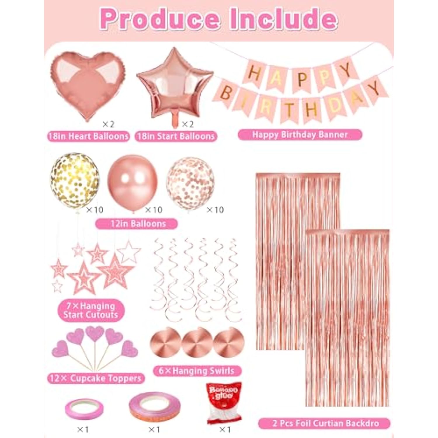 80pcs Rose Gold Birthday Decorations – Banner, Balloons, Curtain, Swirls & More