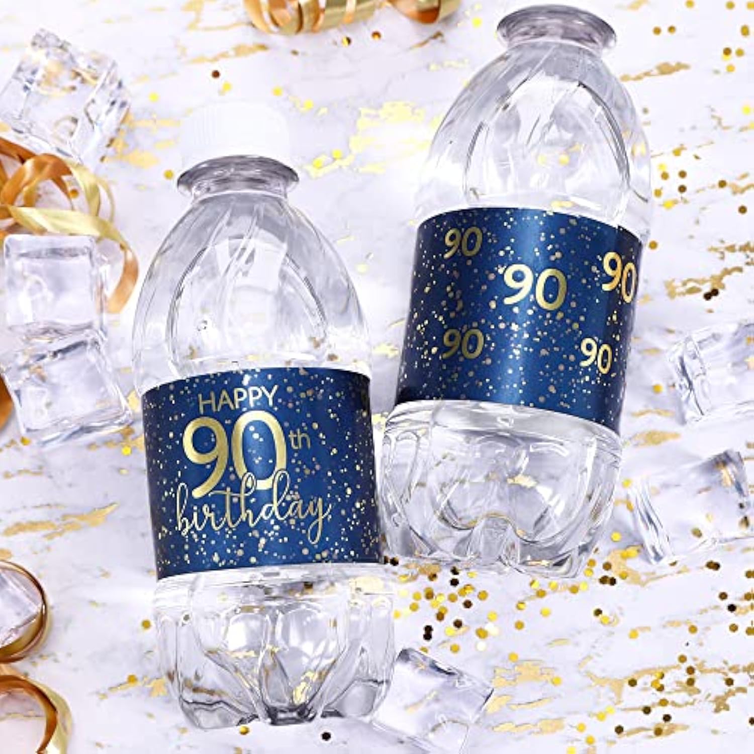 Navy Blue And Gold 90Th Birthday Water Bottle Labels - 20 Waterproof Stickers, 90Th Birthday Party Decorations
