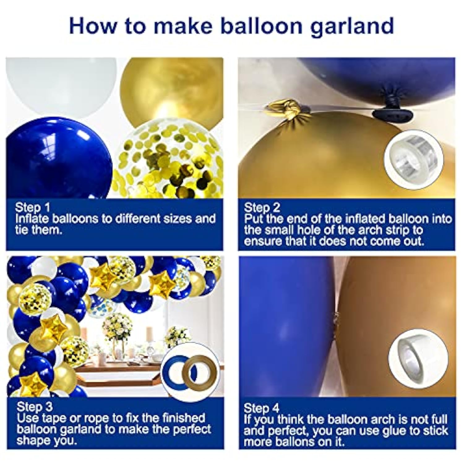 148Pcs Navy Blue Gold Balloon Arch Garland, Royal White Gold Confetti