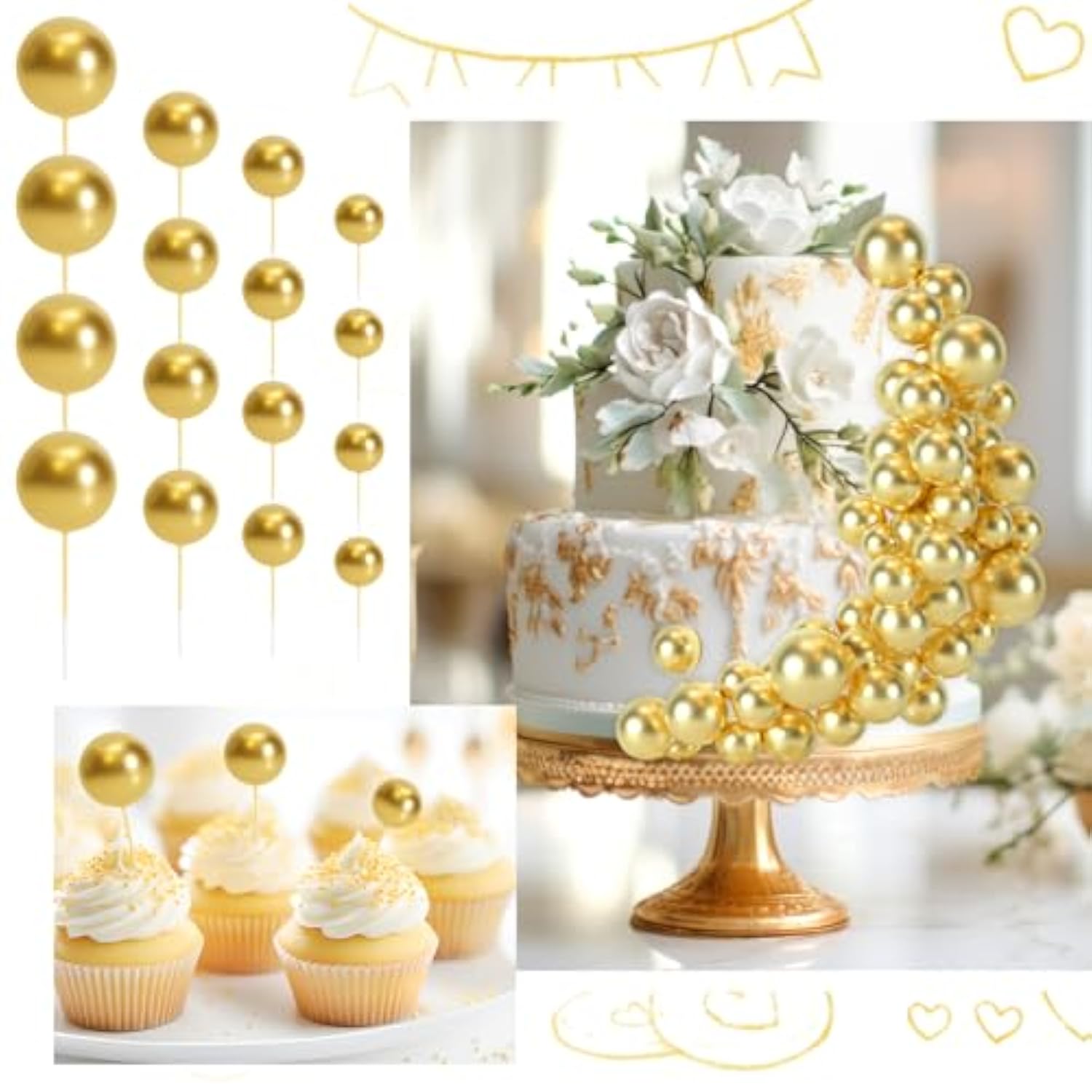 48 Pcs Gold Balls Cake Topper Decorations Balloon Cupcake Toppers Foam Cake Topper Balls Cake Balls Decorations For Birthday Party Wedding Anniversary Cake Decorating