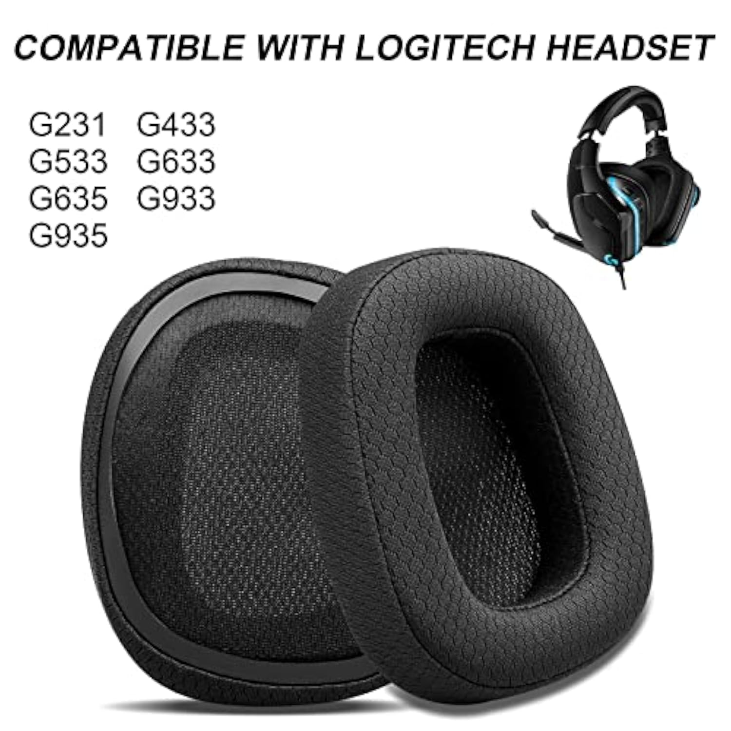 Replacement Ear Pads For Logitech G533 G633 G935, Gvoears Ear Cushions Compatible With Logitech G231, G433, G533, G633, G635, G933, G935 Headphones Premium Mesh Fabric Headset Ear Cups (Black)