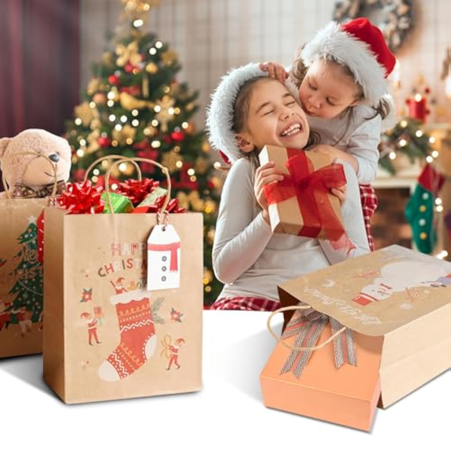 12Pcs Kraft Christmas Gift Bags With Handles, Small Xmas Treat Bags Reusable Gift Bags For Wrapping Gifts, Party Favors And Holiday Decor