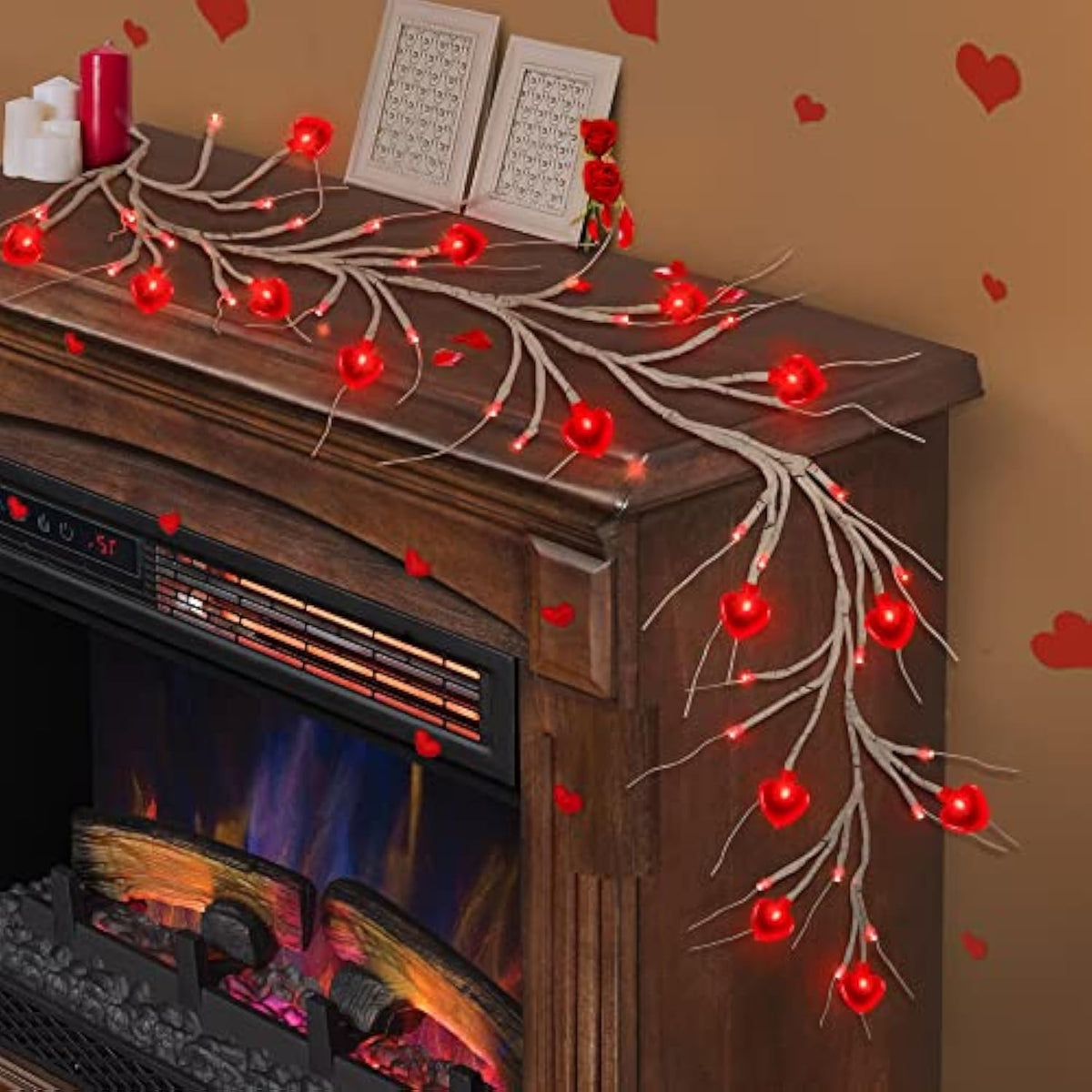 [Timer] Valentines Day Decor Willow Vine With Red Heart Lights, 5Ft 45 Led Valentines Day Garland With Light Battery Operated 8 Modes Valentines Day Lights Romantic Decorations For Home Table Wall