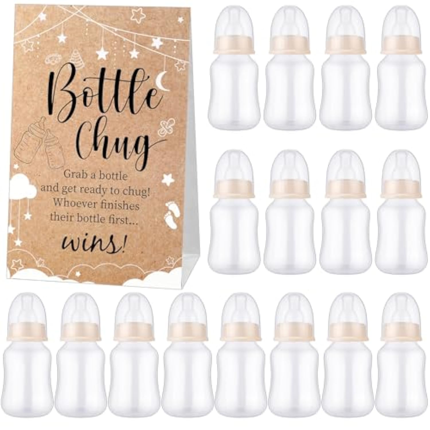 Bottle Chug Baby Shower Game 20 Pcs Baby Bottles Shower Favor With 1 Kraft Theme Sign For Gender Reveal Party Supplies Gifts(Beige)