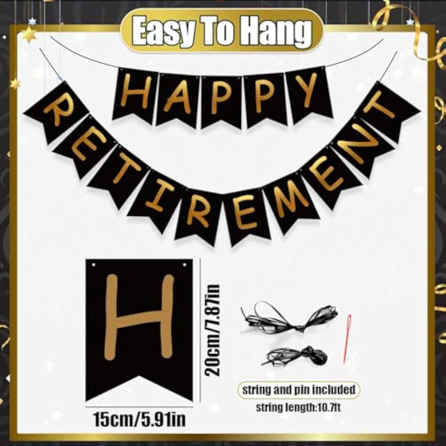 Black and Gold Retirement Party Decorations Kit Banner & Hanging Swirls for Men and Women