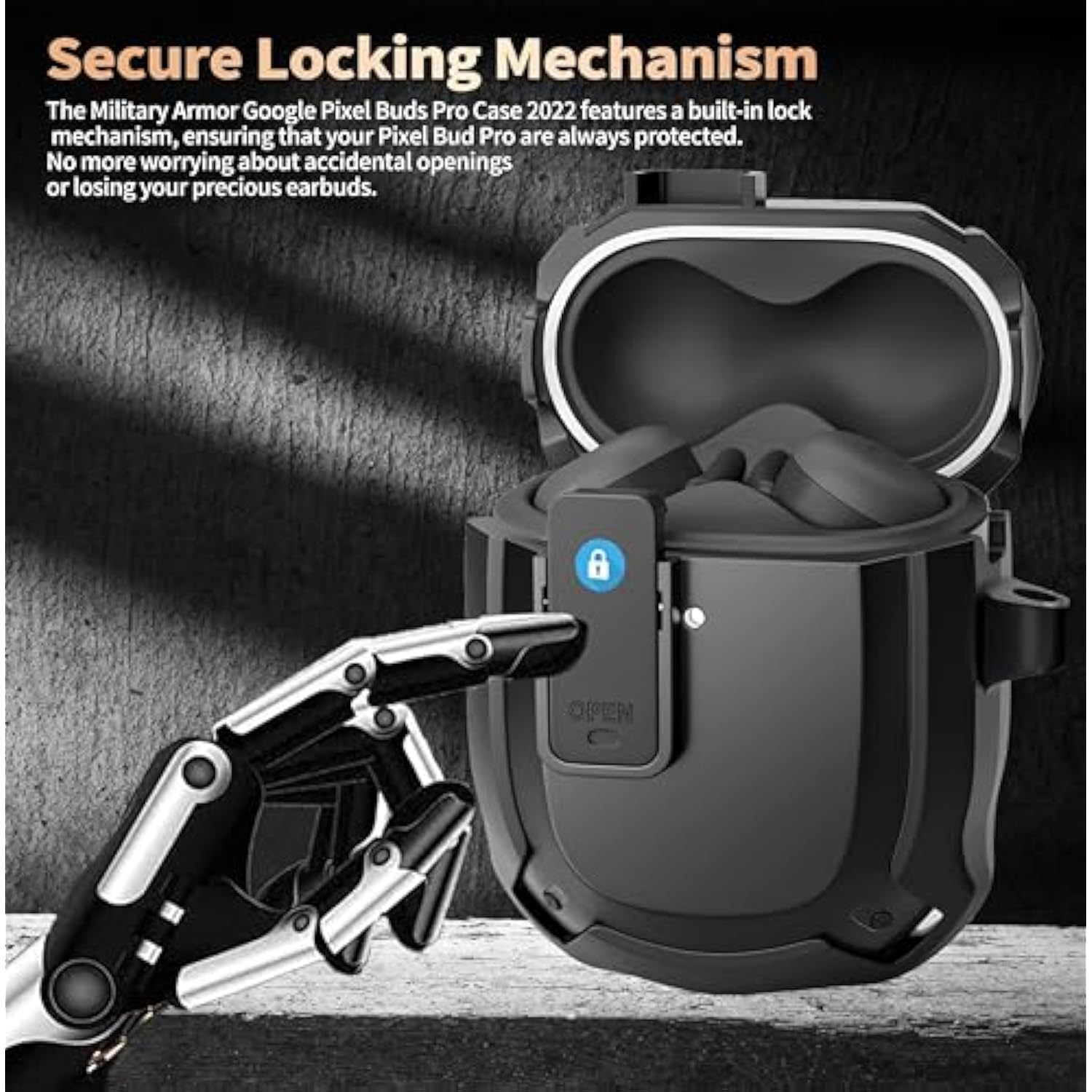 For Google Pixel Buds Pro 2/Pro Case Cover With Lock Clip & Cleaner Pen 2024/2022, Shockproof Protective Hard Shell Skin With Carabiner Men Women - Black